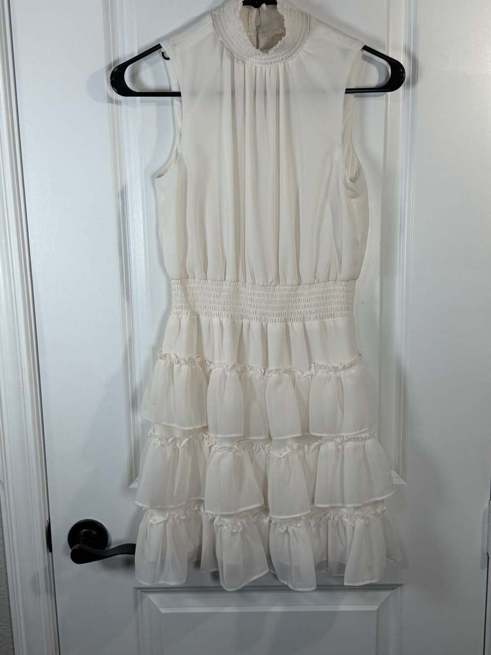 1.STATE Women's Smocked Sleeveless Mock Neck Tiered Mini Dress